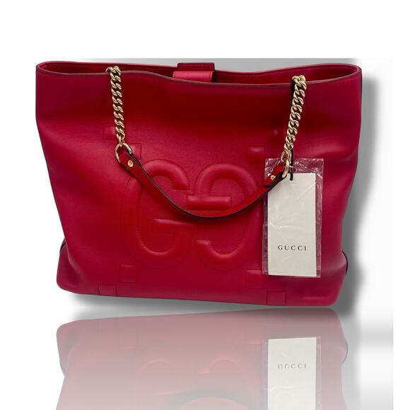 Logo Chain Shoulder Bag Apollo GG Handbag Tote Bag Red Leather New - Picture 4 of 10